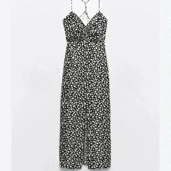 ZARA Black White Daisy Micro Floral Flower Print Linen Blend Midi Dress Sz L - Picture 3 of 15